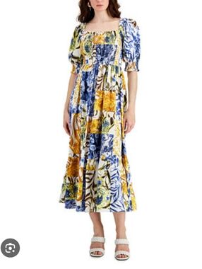 INC Puff Sleeve Blue & Yellow Floral Smocked Maxi Dress